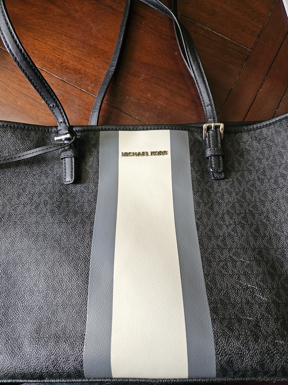 Michael Kors Black Tote with Cream Center Stripe and Gray Accents